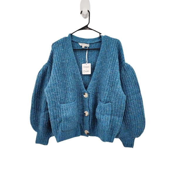 Davi & Dani Women's Button Front Puff Sleeve Just a Fling Chunky Cardigan - Picture 1 of 11
